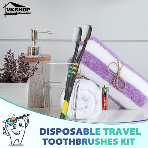 VKshop 100 فرشاة أسنان فحمية، مجموعة فرشاة أسنان للسفر ملفوفة بشكل فردي للبالغين والأطفال، مجموعة فرش أسنان يدوية للاستعمال مرة واحدة (4 ألوان) in Kuwait