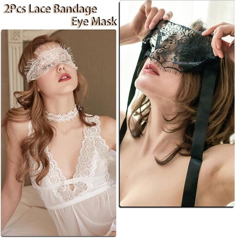 YOMORIO 2Pcs Lace Masquerade Blindfold Eye Mask Sexy Costume Lingerie Accessories Black White Adjustable Couple Party Masks in Saudi Arabia