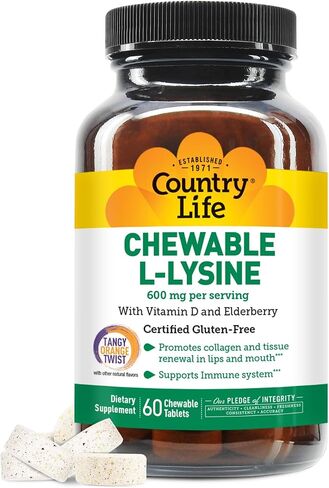 Country Life Chewable L-Lysine 600mg - 60 Tabs - Supports Immune Health - Supports Natural Collagen Production - Vitamin D - Elderberry - Great Taste in Saudi Arabia
