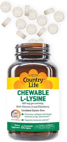 Country Life Chewable L-Lysine 600mg - 60 Tabs - Supports Immune Health - Supports Natural Collagen Production - Vitamin D - Elderberry - Great Taste in Saudi Arabia