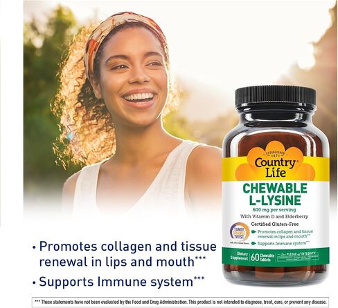Country Life Chewable L-Lysine 600mg - 60 Tabs - Supports Immune Health - Supports Natural Collagen Production - Vitamin D - Elderberry - Great Taste in Saudi Arabia