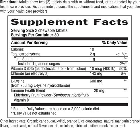 Country Life Chewable L-Lysine 600mg - 60 Tabs - Supports Immune Health - Supports Natural Collagen Production - Vitamin D - Elderberry - Great Taste in Saudi Arabia