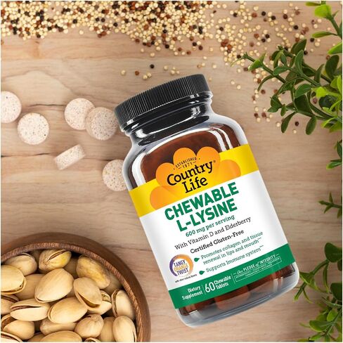 Country Life Chewable L-Lysine 600mg - 60 Tabs - Supports Immune Health - Supports Natural Collagen Production - Vitamin D - Elderberry - Great Taste in Saudi Arabia
