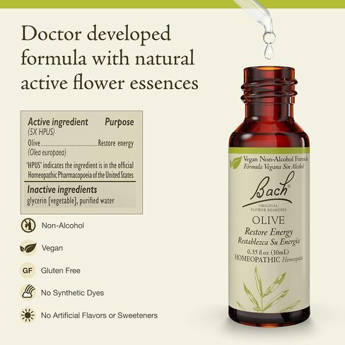 علاجات زهرة باخ الأصلية، زيتون للطاقة (تركيبة غير كحولية)، جوهر زهرة المعالجة المثلية الطبيعية، عافية شاملة وتخفيف التوتر، نباتي، قطارة 10 مل in Kuwait