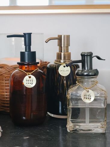 ملصقات موزع الصابون 3 قطع - مجموعة علامات زجاجة اليد والطبق والغسول - نحاس أو ألومنيوم مختوم يدويًا، لون فضي أو ذهبي - تنظيم حمام الضيوف والمطبخ (اليد، الطبق، اللوشن (النحاس)) in Kuwait