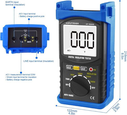 Digital Insulation Resistance Tester, 1999 Counts Megohmmeter Big LCD Display DCV ACV Megohm Meter DC250/500/1000V AC750V, 200MΩ~2000MΩ Resistance Testing with Data Hold Backlit for Motor Cables in Kuwait