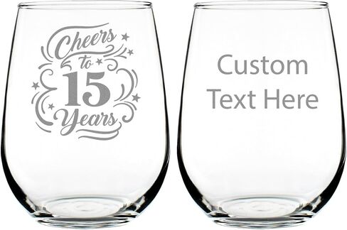 Cheers to 15 Years - Stemless Wine Glass Gifts for Women & Men - 15th Anniversary Party Decor - Large 17 Oz Glasses in Kuwait