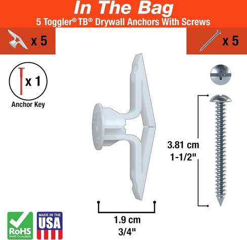مرساة حائط جفاف منزلية من TOGGLER Toggle TB مع براغيس، Polypropylene, مصنوعة في الولايات المتحدة، نطاق الإمساك 3/8 بوصة إلى 1/2" لأحجام الربط من رقم 6 إلى رقم 14 (عبوة من 20 قطعة) in Kuwait