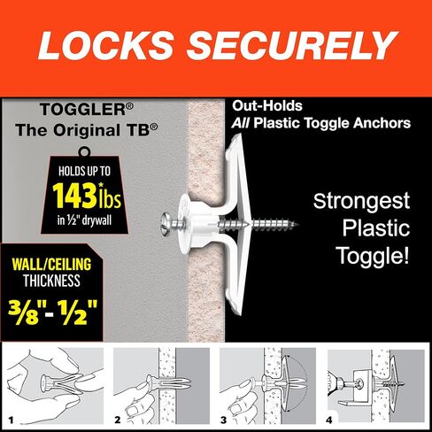 مرساة حائط جفاف منزلية من TOGGLER Toggle TB مع براغيس، Polypropylene, مصنوعة في الولايات المتحدة، نطاق الإمساك 3/8 بوصة إلى 1/2" لأحجام الربط من رقم 6 إلى رقم 14 (عبوة من 20 قطعة) in Kuwait