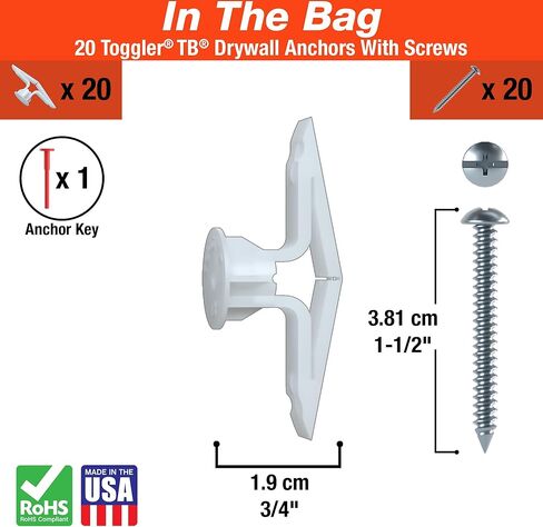 مرساة حائط جفاف منزلية من TOGGLER Toggle TB مع براغيس، Polypropylene, مصنوعة في الولايات المتحدة، نطاق الإمساك 3/8 بوصة إلى 1/2" لأحجام الربط من رقم 6 إلى رقم 14 (عبوة من 20 قطعة) in Kuwait