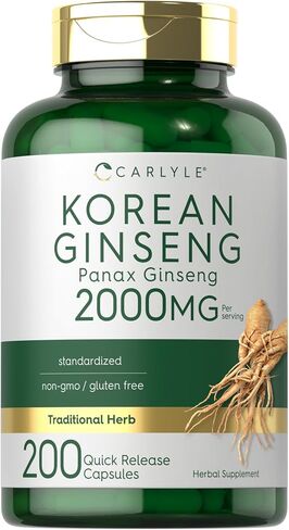 Carlyle Korean Ginseng Extract Capsules 2000 mg | 250 Capsules | Non-GMO and Gluten Free Formula | Standardized Panax Ginseng Supplement in Saudi Arabia