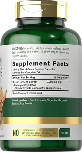 Carlyle Korean Ginseng Extract Capsules 2000 mg | 250 Capsules | Non-GMO and Gluten Free Formula | Standardized Panax Ginseng Supplement in Saudi Arabia