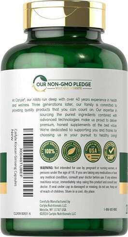 Carlyle Korean Ginseng Extract Capsules 2000 mg | 250 Capsules | Non-GMO and Gluten Free Formula | Standardized Panax Ginseng Supplement in Saudi Arabia