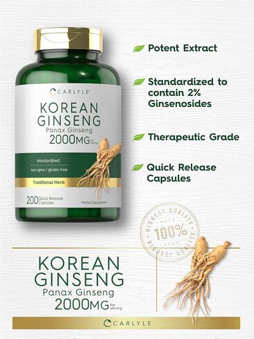 Carlyle Korean Ginseng Extract Capsules 2000 mg | 250 Capsules | Non-GMO and Gluten Free Formula | Standardized Panax Ginseng Supplement in Saudi Arabia