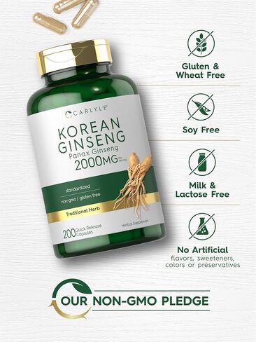 Carlyle Korean Ginseng Extract Capsules 2000 mg | 250 Capsules | Non-GMO and Gluten Free Formula | Standardized Panax Ginseng Supplement in Saudi Arabia