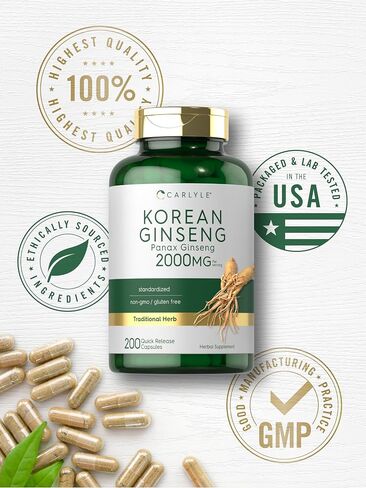 Carlyle Korean Ginseng Extract Capsules 2000 mg | 250 Capsules | Non-GMO and Gluten Free Formula | Standardized Panax Ginseng Supplement in Saudi Arabia