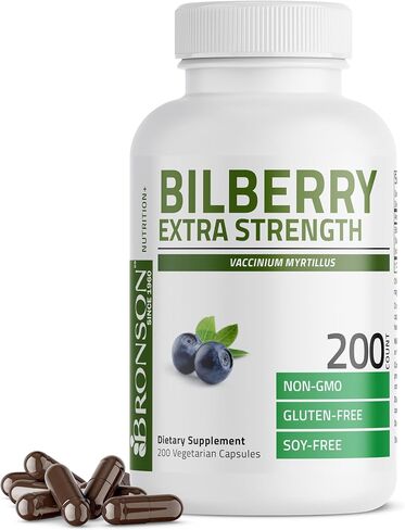 Bronson Bilberry Extra Strength 3000 mg per Serving Vaccinium Myrtillus, Promotes Eye Health and Supports Healthy Vision - Non GMO, 200 Vegetarian Capsules in Kuwait