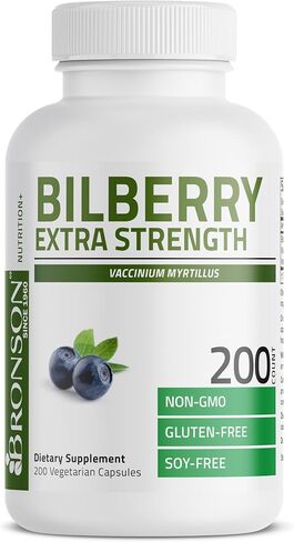 Bronson Bilberry Extra Strength 3000 mg per Serving Vaccinium Myrtillus, Promotes Eye Health and Supports Healthy Vision - Non GMO, 200 Vegetarian Capsules in Kuwait