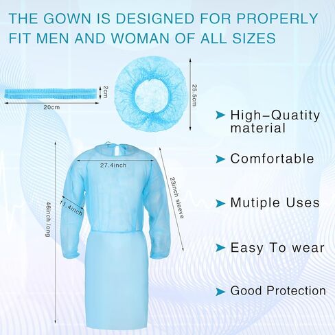 Xuhal 50 Set Disposable Isolation Gowns Set PPE Gowns Disposable and Non Woven Bouffant Caps with Elastic Cuffs for Labs Home Isolation Beauty Agencies Food Service, Unisex Adult, Blue in Kuwait