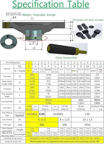 Dia.225 ملم 9 بوصة حجم L أقل من 1 بوصة لكل عمود [صنع في كوريا] عجلة يد فائقة مع عمود فولاذي، مقبض مقبض مقبض مقبض مقبض، هيكل العجلات، مجموعة برغي (1 حزمة) مخرطة طحن طاولة حفر in Kuwait