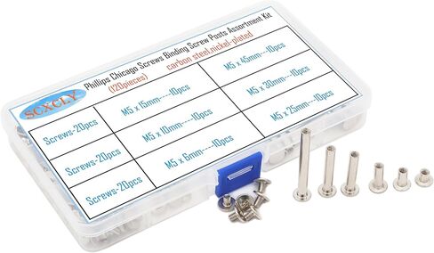 SCXCLY 120pcs Chicago Screws Binding Screw Posts Assortment Kit, 6 Sizes(M5 x 6/10/15/25/30/45mm), Carbon Steel Nickel-Plated in Kuwait