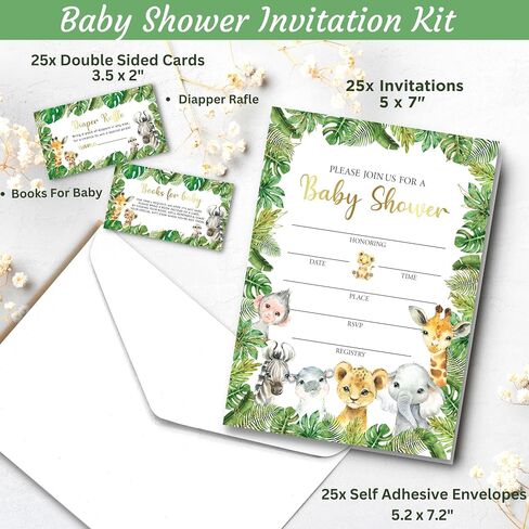 127 Pc Woodland Baby Shower Invitations For Boy And Girl With Envelopes, Baby Thank You Cards, Book Request Cards, Diaper Raffle Tickets & Sign, Guess How Many Baby Shower Game -25 Guest Set in Saudi Arabia