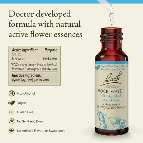 Bach Original Flower Remedies, Rock Water for Flexibility (Non-Alcohol Formula), Natural Homeopathic Flower Essence, Holistic Wellness and Stress Relief, Vegan, 10mL Dropper in Kuwait