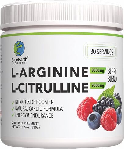 BlueEarth Company L-Arginine 5000mg + L-Citrulline 2000mg مكمل مسحوق مركب - معزز لأكسيد النيتريك - بنكهة التفاح الأخضر - 360 جم in Kuwait