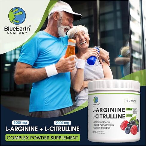 BlueEarth Company L-Arginine 5000mg + L-Citrulline 2000mg مكمل مسحوق مركب - معزز لأكسيد النيتريك - بنكهة التفاح الأخضر - 360 جم in Kuwait