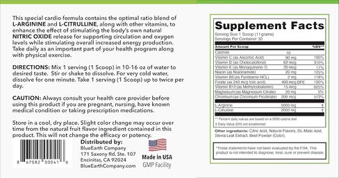 BlueEarth Company L-Arginine 5000mg + L-Citrulline 2000mg مكمل مسحوق مركب - معزز لأكسيد النيتريك - بنكهة التفاح الأخضر - 360 جم in Kuwait