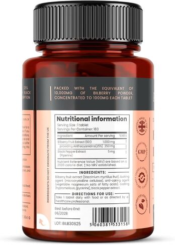 Bilberry Extract 10,000mg x 180 Tablets (6 Months Supply)- 10X More anthocyanidin Plus 5mg Black Pepper per Tablet in Saudi Arabia