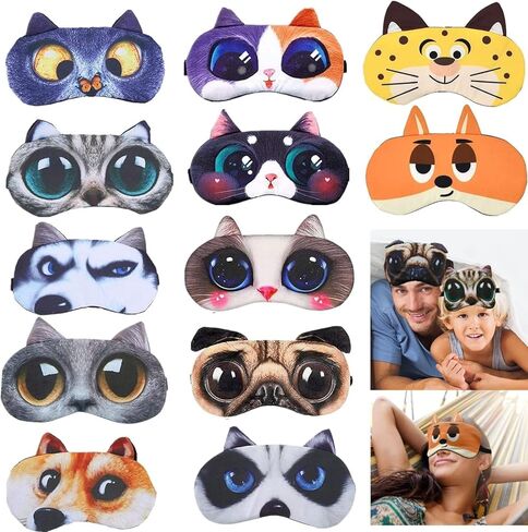 12 Pack Cute Animal Funny Sleep Eye Mask for Sleeping Cat Dog Soft Plush Blindfold Sleep Masks Eye Cover Eyeshade for Kids Girls Men Women Plane Travel Nap Night Sleeping in Saudi Arabia