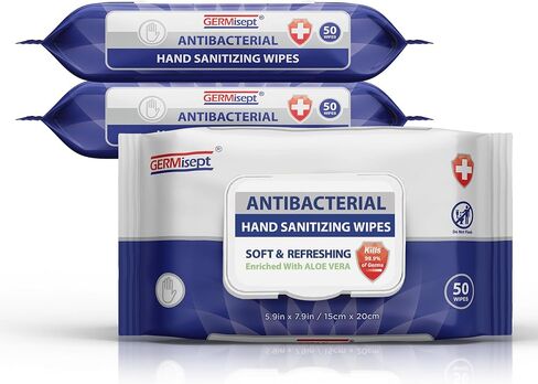 مناديل تعقيم اليدين المضادة للبكتيريا من جيرميسبت، شراء بالجملة ((50 قطعة × 24 عبوة = 1200 منديل)) in Kuwait