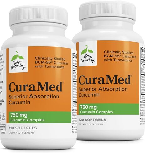 Terry Naturally CuraMed 750 مجم مركب الكركمين - 120 كبسولة هلامية، عبوة من 2 - امتصاص فائق BCM-95 - غير معدّل وراثيًا، خالي من الغلوتين، حلال - 240 وجبة إجمالية in Kuwait