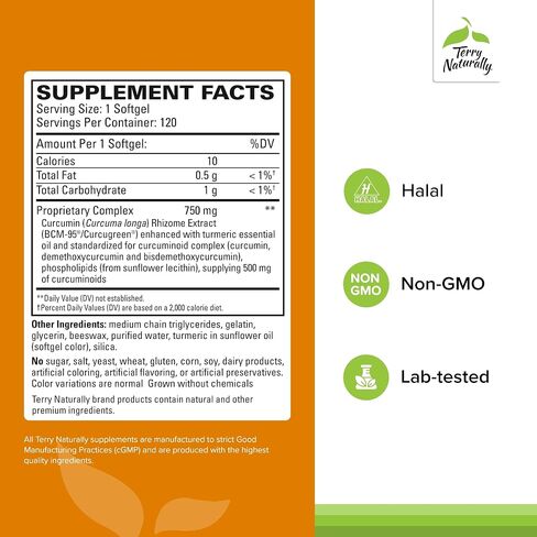 Terry Naturally CuraMed 750 مجم مركب الكركمين - 120 كبسولة هلامية، عبوة من 2 - امتصاص فائق BCM-95 - غير معدّل وراثيًا، خالي من الغلوتين، حلال - 240 وجبة إجمالية in Kuwait