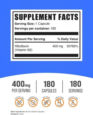 BULKSUPPLEMENTS.COM Riboflavin Capsules - Vitamin B2 400 mg, Vitamin B Supplements - Riboflavin 400mg, Vitamins for Energy - Gluten Free, 1 Capsule per Serving, 180 Capsules, Pack of 1 in Saudi Arabia