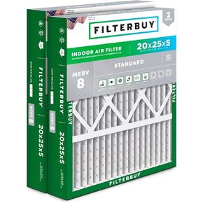 Filterbuy 20x25x5 Air Filter MERV 8 Dust Defense (2-Pack), Pleated HVAC AC Furnace Air Filters Replacement for Honeywell FC100A1037, Lennox X6673, Carrier EXPXXFIL0020, Bryant, Day & Night, and Payne (Actual Size: 19.88 x 24.75 x 4.38 Inches)