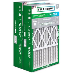 فلتر هواء من Filterbuy مقاس 16x25x5 مقاوم للغبار MERV 8 (عبوة من 2)، مرشحات فرن AC مطوي لـ Honeywell وLennox وCarrier وAir Kontrol، وBryant، وDay & Night، وPayne (مقاس الفعلي: 15.75×24.75×4.38)