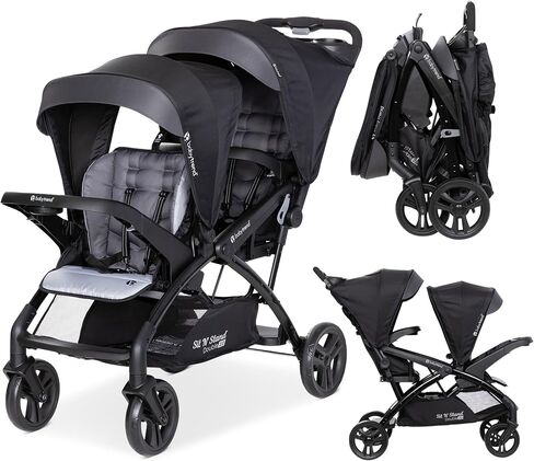 Baby Trend Sit N' Stand Double Stroller 2.0 DLX with 5 Point Safety Harness, Canopy, Extra Basket, 2 Cup Holders, and Covered Compartment, Stormy in Kuwait