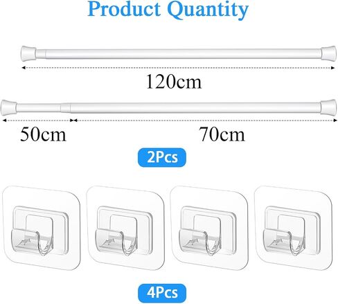 2 Pieces Adjustable Curtain Rod Extendable Spring Tension Rod with Self Adhesive Hook for Closet, Wardrobe, Bookshelf, Small Window, White (27.5 to 47.2 Inch) in Saudi Arabia