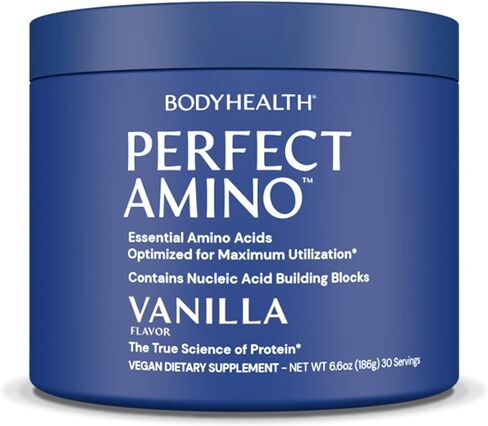 BodyHealth PerfectAmino Powder Mocha Boost (60 Servings) Best Pre/Post Workout Recovery Drink, 8 Essential Amino Acids Energy Supplement with 50% BCAAs, 100% Organic, 99% Utilization in Kuwait