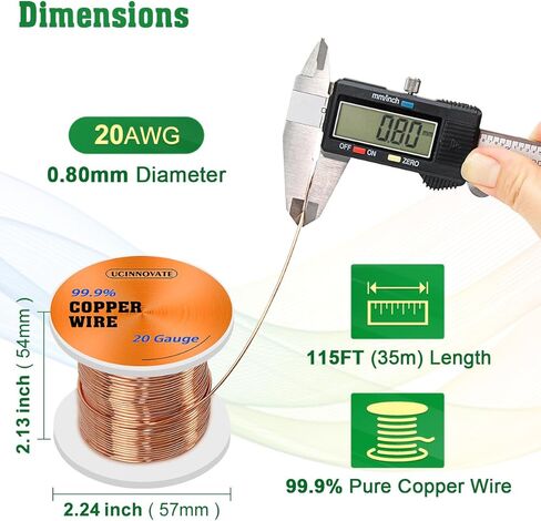 UCINNOVATE 99.9% سلك نحاسي، 16 سلك نحاسي ناعم قياس 127 قدم / 39 مترًا، 1 رطل سلك نحاسي نقي لصنع المجوهرات، سلك نحاسي عاري للزراعة الكهربائية والبستنة سلك نحاسي نحاسي للنباتات in Kuwait