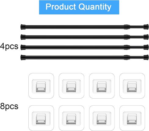 Spring Tension Curtain Rod Black Extendable Tension Curtain Rod Adjustable Tension Rod with Self Adhesive Hook Curtain Rods for Windows 15.7 to 27.5 Inch, Closet, Wardrobe, Bookshelf (4 pieces) in Saudi Arabia