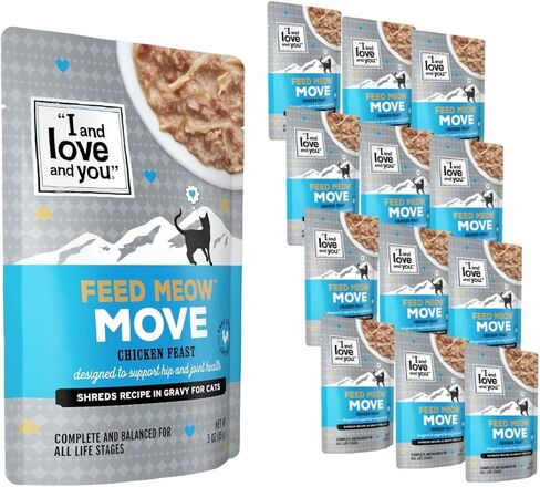 "I and love and you" Feed Meow Wet Cat Food Toppers، تركيبة لامعة مع سمك السلمون والتونة، أوميغا 3 و 6 للبشرة الصحية والمعطف، خالية من الحبوب، بدون حشو، أكياس 3 أونصة، حزمة من 12 كيسًا in Kuwait