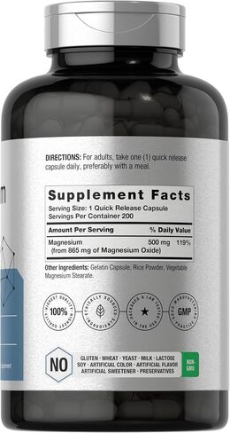 Magnesium Oxide 865 mg | 250 Capsules | Non-GMO and Gluten Free Supplement | by Horbaach in Saudi Arabia