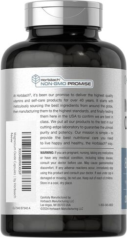 Magnesium Oxide 865 mg | 250 Capsules | Non-GMO and Gluten Free Supplement | by Horbaach in Saudi Arabia