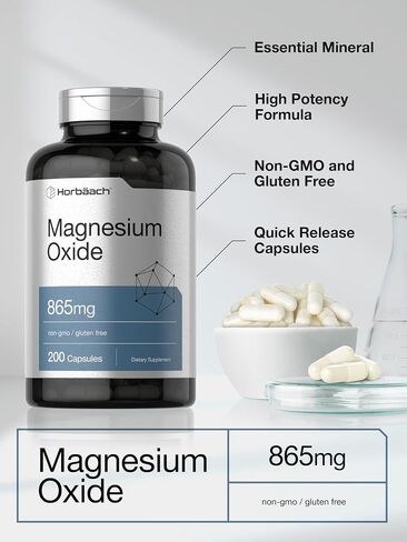 Magnesium Oxide 865 mg | 250 Capsules | Non-GMO and Gluten Free Supplement | by Horbaach in Saudi Arabia