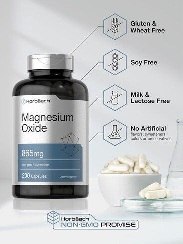 Magnesium Oxide 865 mg | 250 Capsules | Non-GMO and Gluten Free Supplement | by Horbaach in Saudi Arabia
