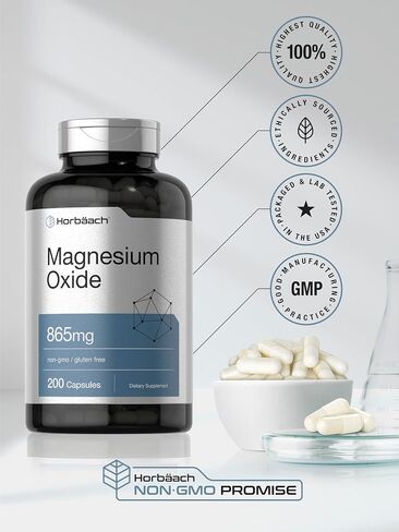 Magnesium Oxide 865 mg | 250 Capsules | Non-GMO and Gluten Free Supplement | by Horbaach in Saudi Arabia
