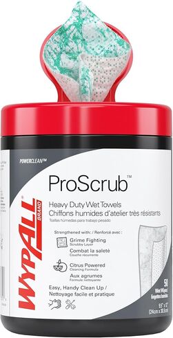 مناشف WypAll® PowerClean™ ProScrub™ شديدة التحمل (58310)، تنظيف ثنائي المفعول، مناديل مبللة كبيرة جدًا مقاس 9.5 بوصة × 12 بوصة، علبة متضمنة (50 ورقة/علبة، 8 علب/علبة، 400 ورقة/علبة) in Kuwait